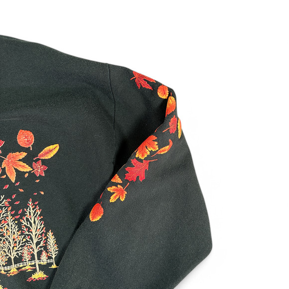Vintage Autumn Leaves Sweater Adult MEDIUM Black Sweatshirt Double Collar 90s - Picture 4 of 8